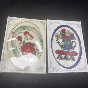 2 NIB JOAN BAKER STAINED GLASS ART ORIGINAL HANGING FLORAL POTTERY STAINED GLASS